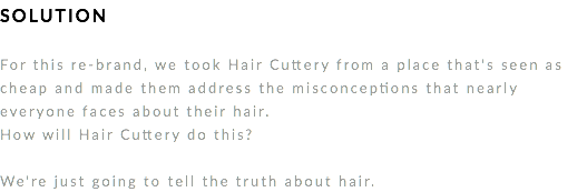 SOLUTION For this re-brand, we took Hair Cuttery from a place that's seen as cheap and made them address the misconceptions that nearly everyone faces about their hair.
How will Hair Cuttery do this? We're just going to tell the truth about hair. 